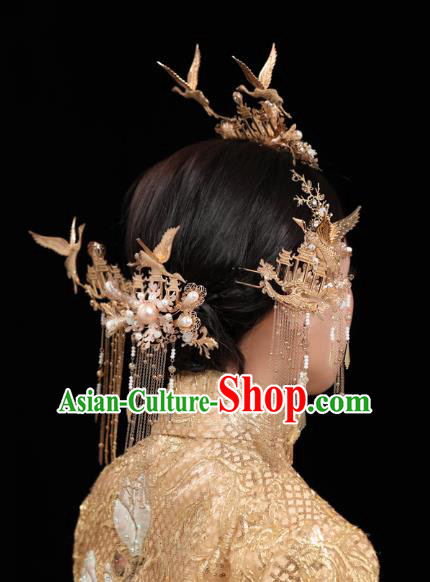 China Traditional Handmade Phoenix Coronet Xiuhe Suit Hair Accessories Wedding Bride Hair Jewelry Golden Crane Hair Crown Hairpins Full Set
