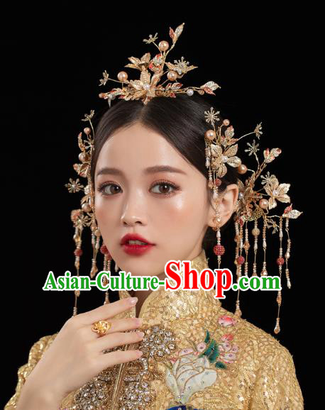 China Traditional Xiuhe Suit Hair Accessories Wedding Bride Hair Jewelry Handmade Golden Hair Comb Hairpins Full Set