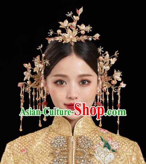 China Traditional Xiuhe Suit Hair Accessories Wedding Bride Hair Jewelry Handmade Golden Hair Comb Hairpins Full Set