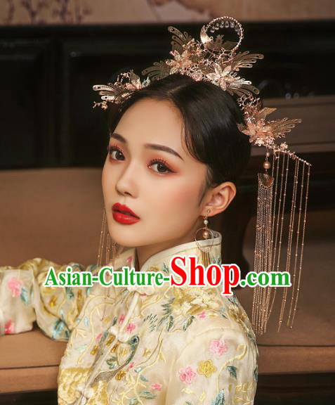 China Traditional Wedding Hair Accessories Bride Golden Hair Crown and Tassel Hairpins Full Set