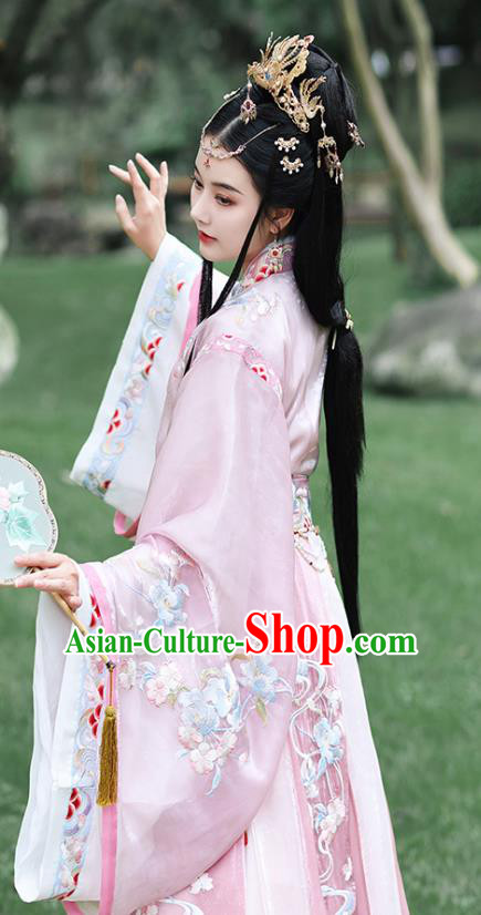 China Jin Dynasty Palace Beauty Costume Ancient Princess Historical Clothing Traditional Embroidered Pink Hanfu Dress
