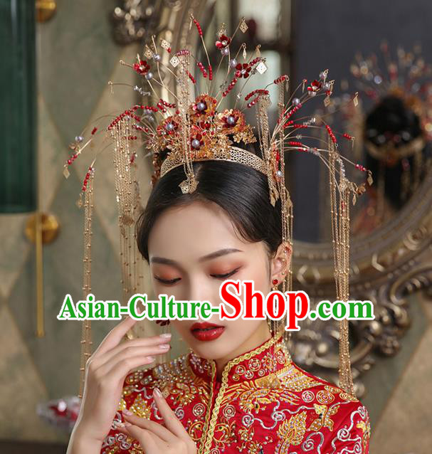 China Traditional Xiuhe Suit Hair Accessories Handmade Bride Headwear Wedding Deluxe Tassel Phoenix Coronet