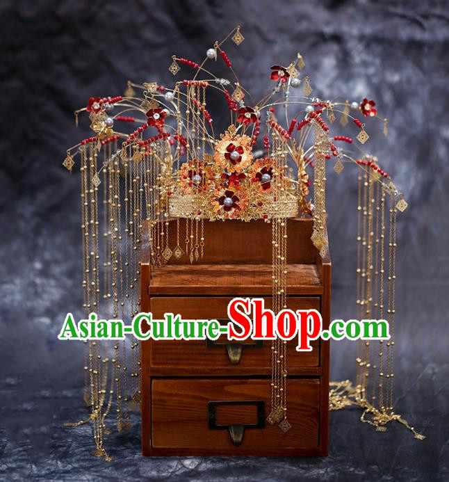 China Traditional Xiuhe Suit Hair Accessories Handmade Bride Headwear Wedding Deluxe Tassel Phoenix Coronet