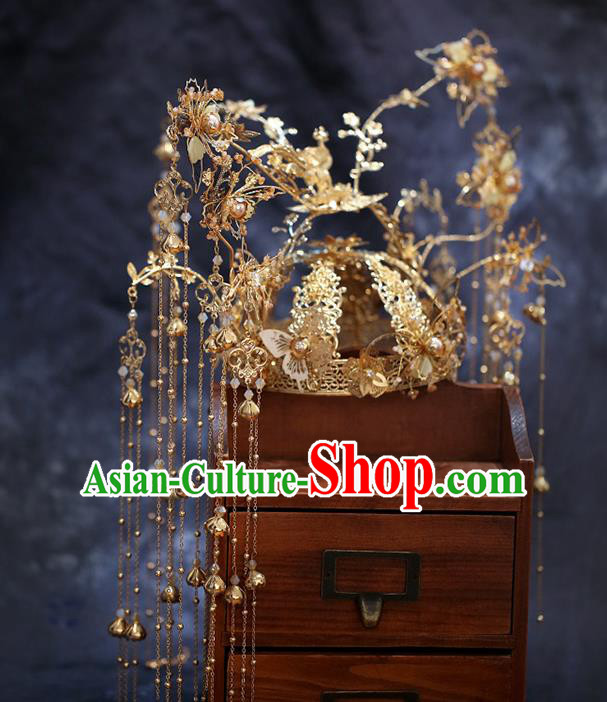 China Ancient Bride Deluxe Golden Tassel Phoenix Coronet Traditional Wedding Xiuhe Suit Hair Accessories