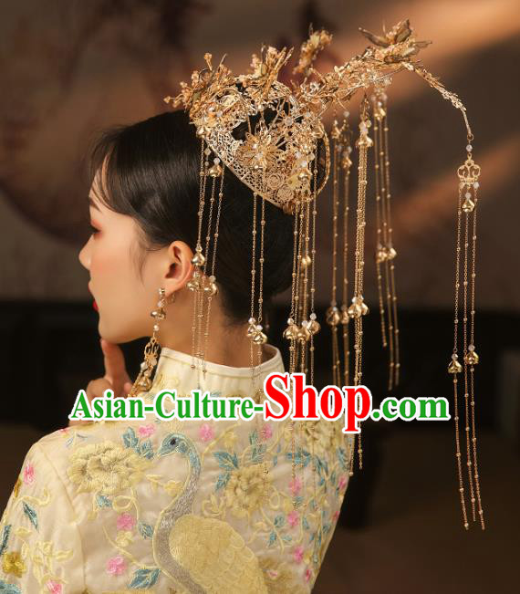 China Ancient Bride Deluxe Golden Tassel Phoenix Coronet Traditional Wedding Xiuhe Suit Hair Accessories