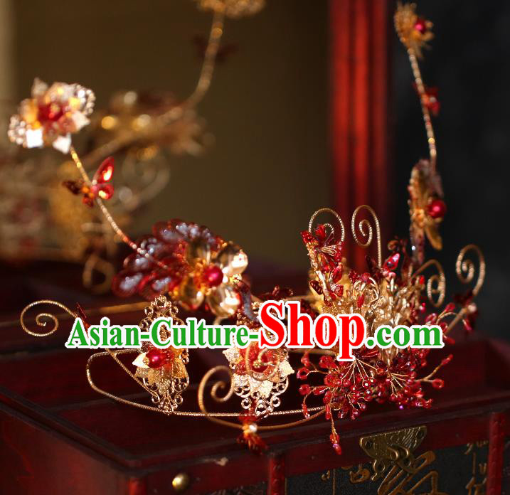 China Traditional Wedding Hair Accessories Bride Red Peacock Phoenix Coronet and Tassel Hairpins Full Set