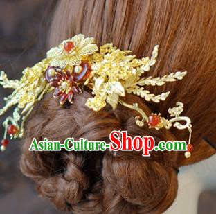 China Bride Golden Hair Comb and Tassel Hairpins Earrings Traditional Wedding Hair Accessories