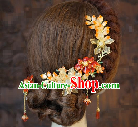 China Traditional Wedding Flowers Hair Sticks and Hair Comb Tassel Hairpins Earrings Ancient Bride Hair Accessories