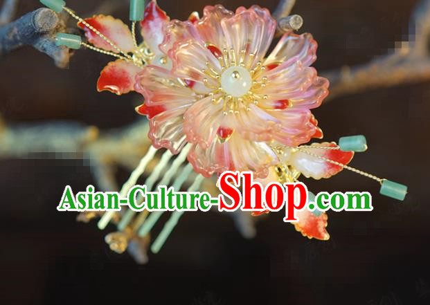 China Traditional Pink Peony Hair Comb Wedding Xiuhe Suit Hair Accessories Bride Flower Hairpin