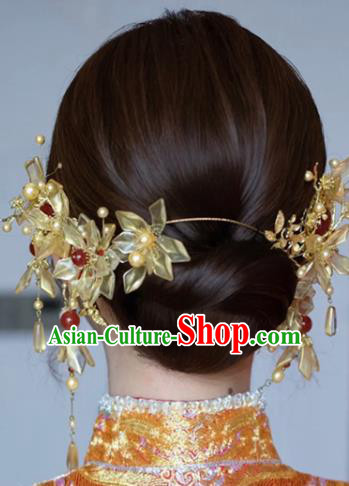 China Traditional Golden Flowers Hair Crown Wedding Xiuhe Suit Hair Accessories Bride Hair Clasp