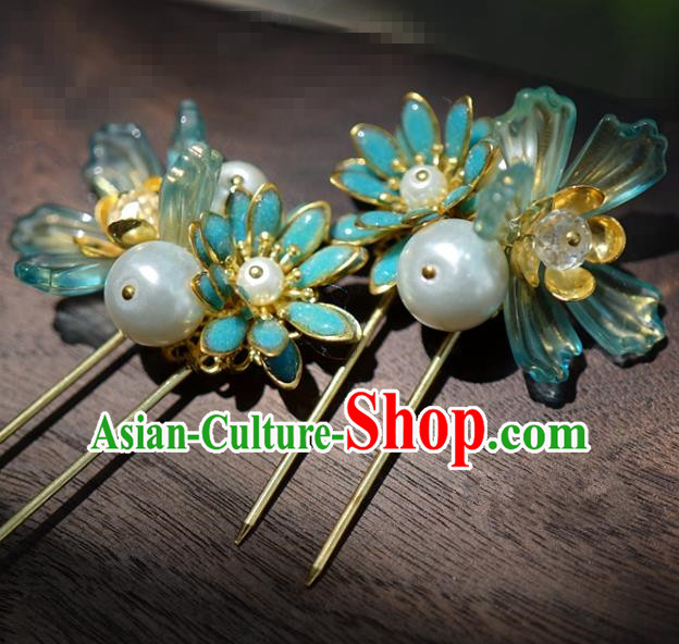 China Traditional Blue Flower Hair Sticks Wedding Xiuhe Suit Hair Accessories Bride Hairpins
