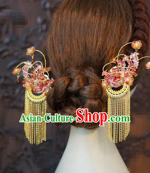 China Ancient Bride Back Hair Comb Traditional Wedding Hair Accessories Golden Tassel Hairpins Hair Sticks Full Set