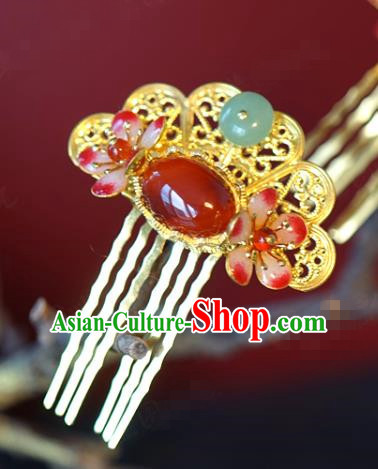 China Traditional Agate Plum Hair Comb Wedding Xiuhe Suit Hair Accessories Bride Golden Hair Stick