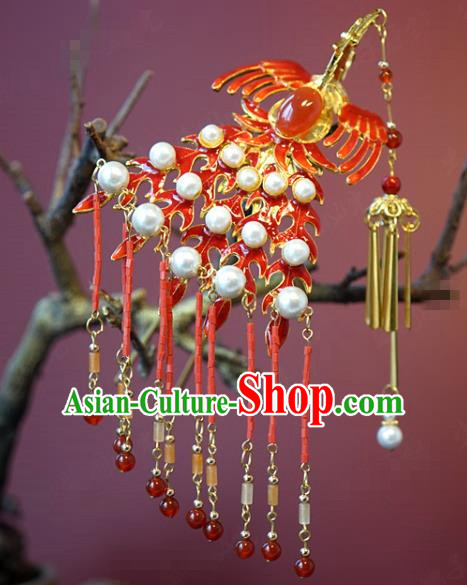 China Traditional Wedding Red Phoenix Hair Accessories Ancient Bride Tassel Hairpins and Earrings Hair Sticks Full Set