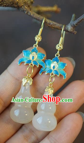 Top Grade Traditional Qing Dynasty Enamel Lotus Ear Accessories China Ancient Court Empress Jade Gourd Earrings Jewelry