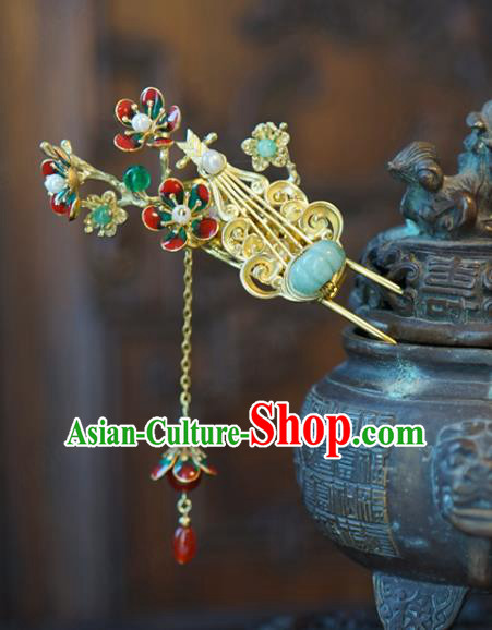 China Traditional Bride Golden Lute Hairpin Xiuhe Suit Hair Accessories Wedding Jade Plum Blossom Tassel Hair Stick