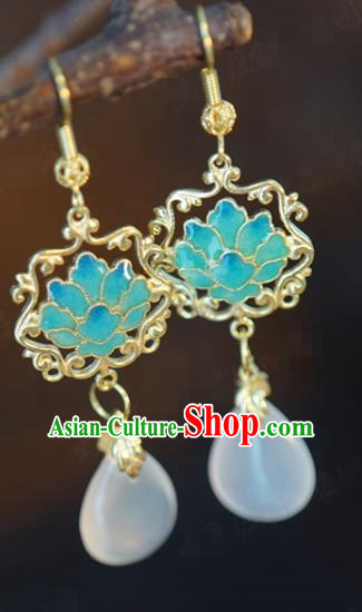 Top Grade Traditional White Chalcedony Ear Accessories China Ancient Ming Dynasty Court Empress Blueing Lotus Earrings Jewelry