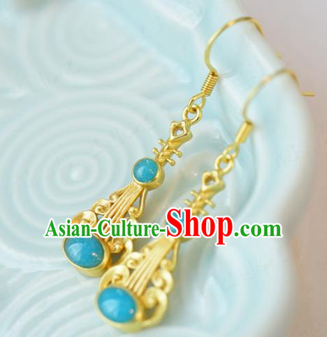 Top Grade Traditional China Ancient Court Woman Earrings Qing Dynasty Golden Lute Ear Jewelry Accessories