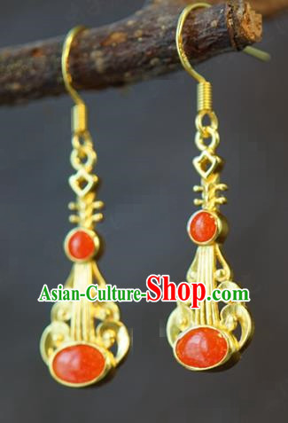 Top Grade Traditional China Qing Dynasty Golden Lute Ear Jewelry Accessories Ancient Red Gems Earrings