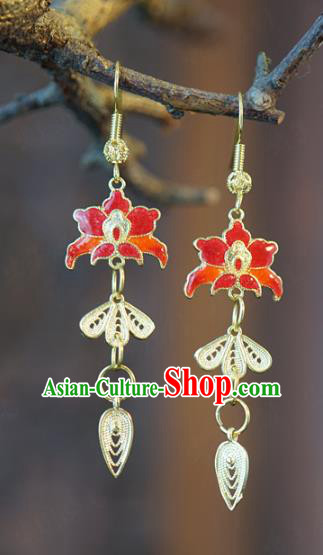 China Traditional Qing Dynasty Ear Jewelry Accessories Top Grade Ancient Queen Cloisonne Red Lotus Earrings