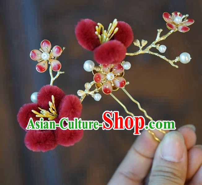 China Ancient Queen Red Velvet Plum Hairpins Traditional Qing Dynasty Bride Wedding Hair Accessories Hair Sticks Complete Set