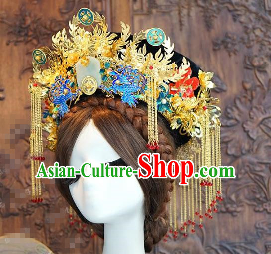 China Traditional Qing Dynasty Court Hair Accessories Ancient Queen Phoenix Coronet Jade Hat Complete Set