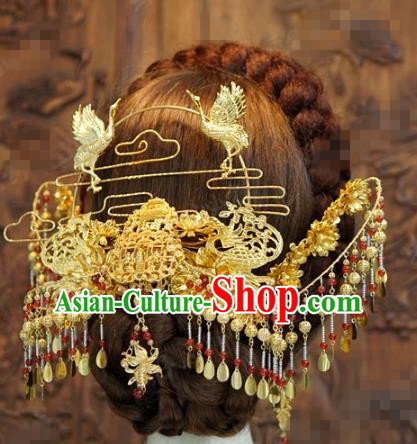 China Traditional Wedding Golden Phoenix Coronet Ancient Bride Hair Accessories Tassel Hairpins Earrings