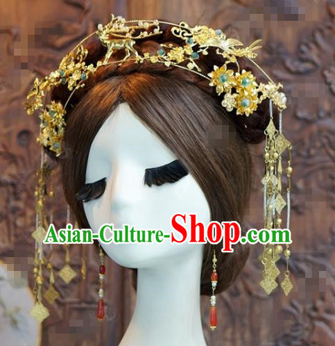 China Traditional Ancient Bride Hair Accessories Tassel Hairpins Earrings Wedding Golden Phoenix Coronet