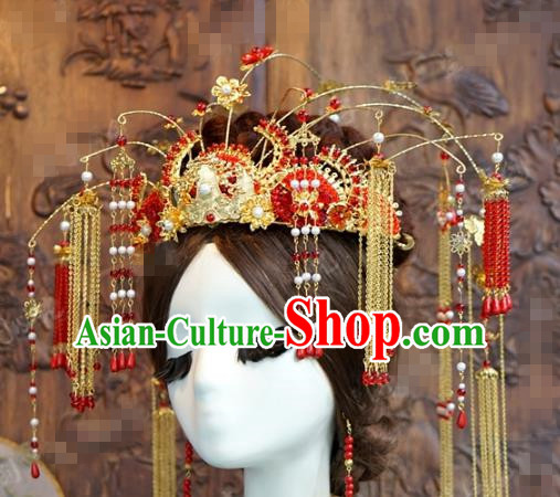 China Traditional Red Tassel Phoenix Coronet Wedding Hairpins Earrings Ancient Bride Hair Accessories