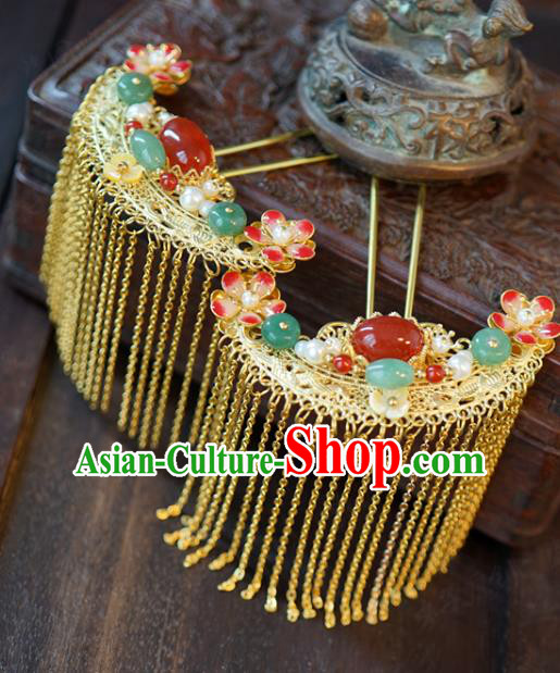 China Traditional Bride Golden Tassel Gems Hairpin Xiuhe Suit Hair Accessories Wedding Agate Hair Stick