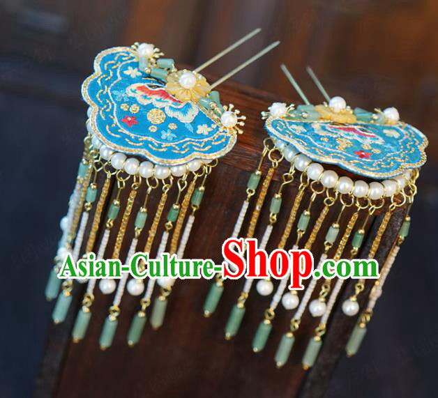 China Palace Blue Embroidered Hairpin Wedding Jade Tassel Step Shake Traditional Xiuhe Suit Hair Accessories