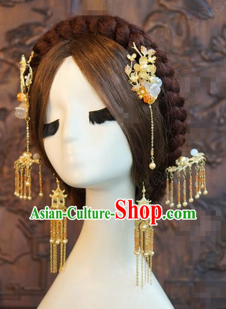 China Traditional Wedding Golden Plum Hair Sticks Ancient Bride Tassel Hairpins Full Set