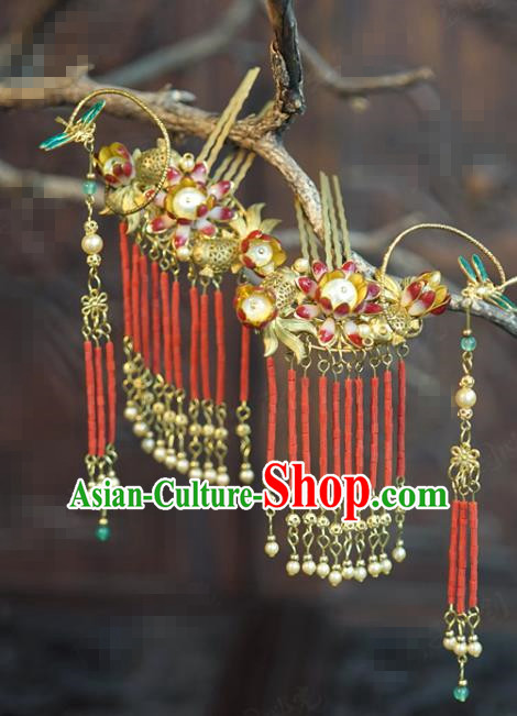 China Traditional Wedding Beads Tassel Hair Comb and Hairpins Ancient Bride Hair Accessories Full Set