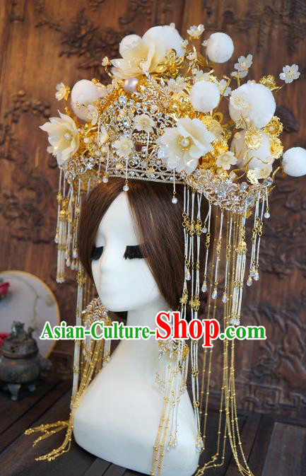 China Traditional Wedding White Silk Flowers Phoenix Coronet Hair Accessories Ancient Bride Deluxe Hair Crown and Earrings Complete Set