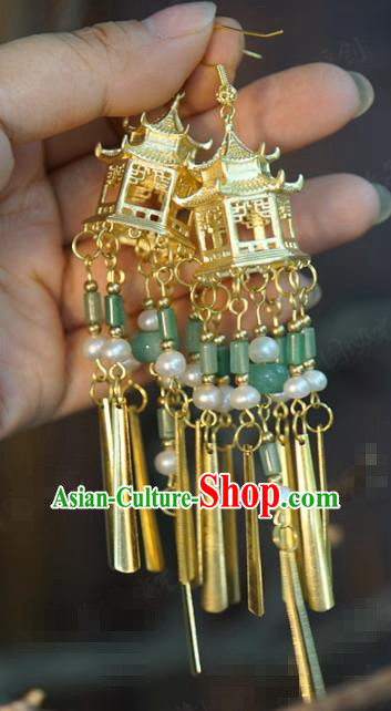 Top Grade Golden Palace Ear Jewelry China Traditional Qing Dynasty Empress Accessories Ancient Bride Jade Tassel Earrings
