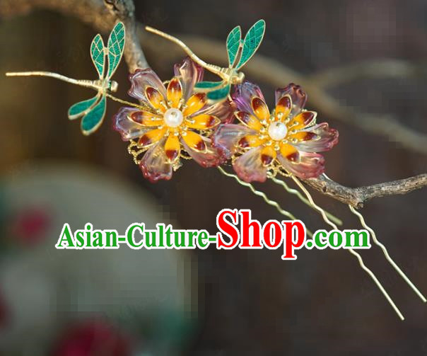 China Ancient Traditional Xiuhe Suit Hair Accessories Wedding Bride Flower Hairpin Qing Dynasty Blueing Dragonfly Hair Stick