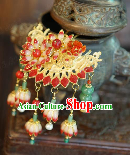 China Wedding Bride Flower Hairpin Ancient Traditional Xiuhe Suit Hair Accessories Red Convallaria Hair Stick