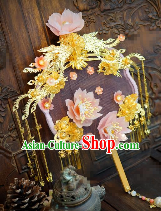 Chinese Ancient Bride Round Fan Traditional Handmade Wedding Pink Lotus Palace Fans