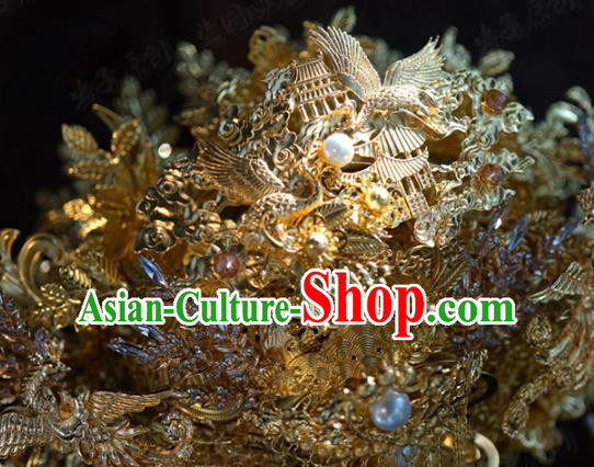 China Ancient Wedding Bride Hair Accessories Deluxe Tassel Hair Crown Traditional Golden Phoenix Coronet