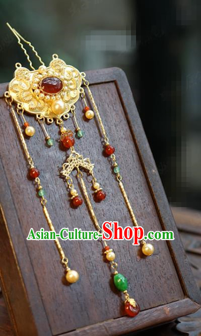 China Wedding Jade Tassel Golden Hair Stick Traditional Xiuhe Suit Hair Accessories Ancient Qing Dynasty Palace Hairpin