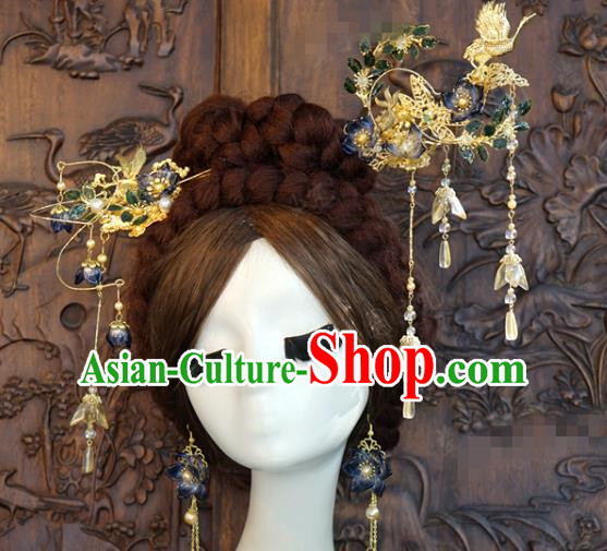 China Ancient Palace Tassel Hairpin Traditional Xiuhe Suit Hair Accessories Wedding Bride Golden Crane Hair Stick