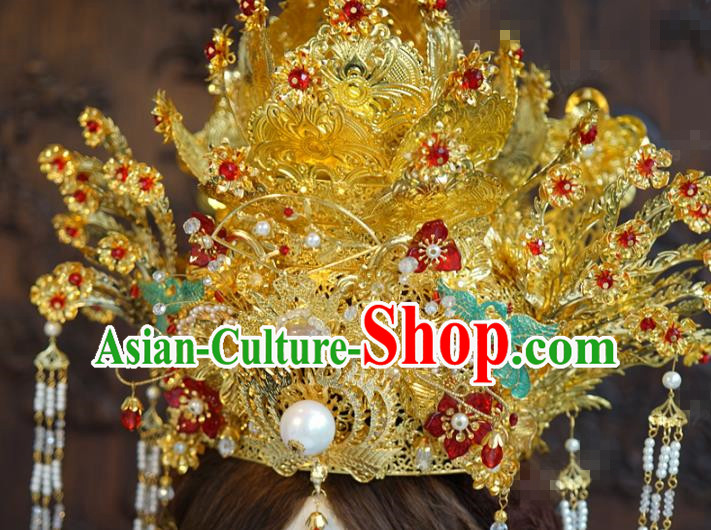 China Traditional Ancient Wedding Golden Phoenix Coronet Bride Hair Accessories Full Set