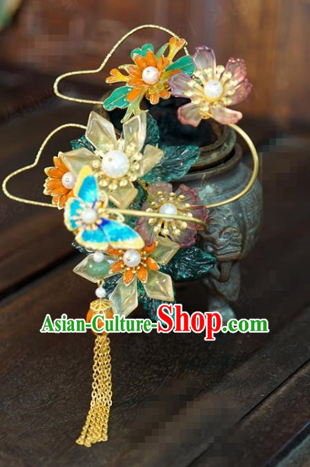 China Wedding Bride Flowers Hairpin Traditional Xiuhe Suit Hair Accessories Ancient Blueing Butterfly Hair Stick