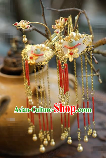 China Ancient Bride Red Lotus Hair Crown and Tassel Hairpins Traditional Hanfu Court Woman Hair Accessories
