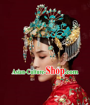 China Ancient Bride Blueing Phoenix Coronet Wedding Hair Crown and Hairpins Traditional Hair Accessories
