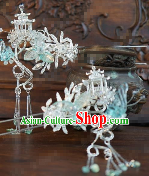 China Traditional Wedding Argent Hair Crown and Butterfly Hairpins Ancient Bride Hair Accessories