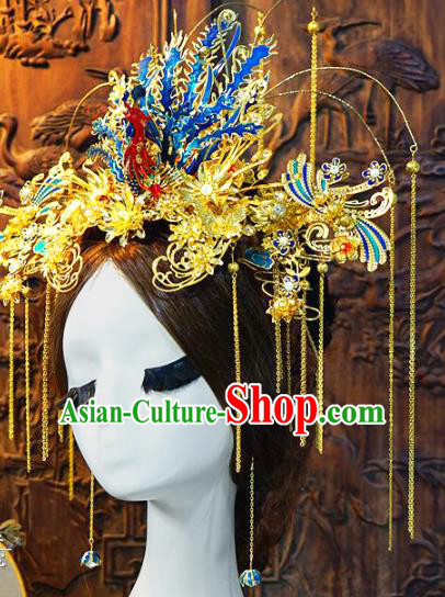 China Ancient Bride Blueing Phoenix Phoenix Coronet Hair Accessories Headwear Traditional Wedding Hair Crown and Golden Tassel Hairpins