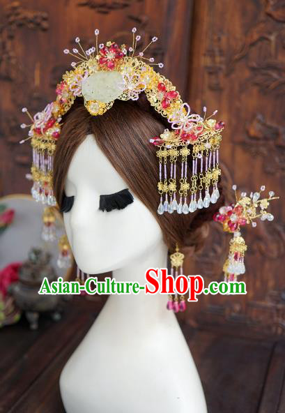 China Ancient Bride Hair Accessories Headwear Traditional Wedding Jade Hair Crown and Tassel Hairpins Full Set