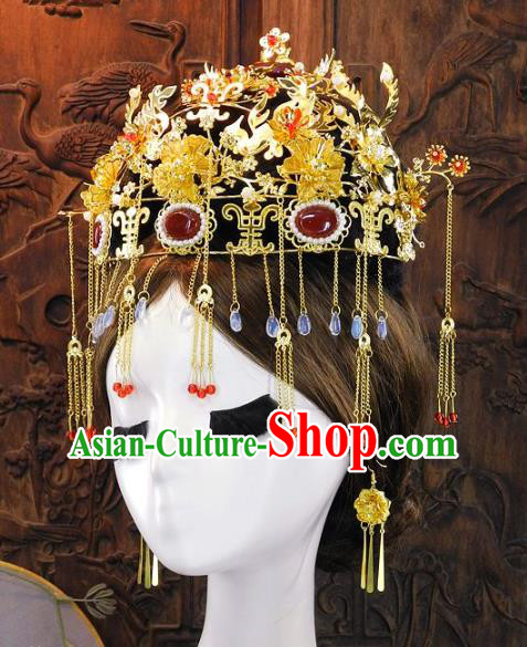 China Ancient Bride Agate Golden Phoenix Coronet Hair Accessories Traditional Wedding Hair Crown Headwear Full Set