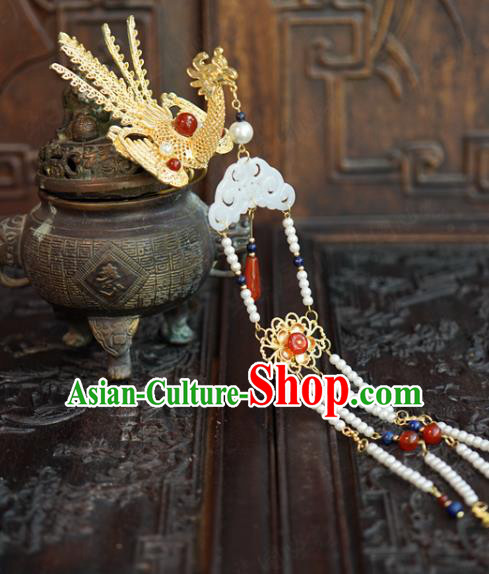 China Traditional Xiuhe Suit Hair Accessories Palace Jade Hairpin Wedding Golden Phoenix Step Shake